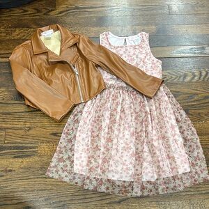 Love squared girls Floral Pink Dress with Brown Faux Leather Jacket size 6X